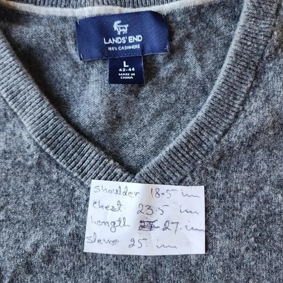Lands' End 100% Cashmere Sweater Gray V-Neck Long Sleeve Pullover Size Large - Picture 7 of 11
